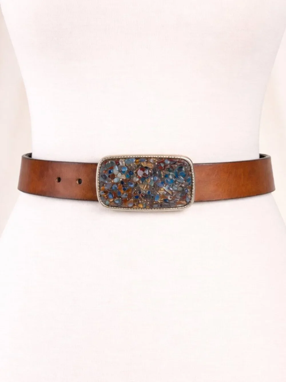 USA Made Stone Inlay Buckle Leather Belt Size 32 Brown 32-38 Western Boho
